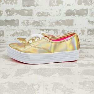 NEW  Keds Keds X Barbie Point Metallic Leather Lace Up Womens Gold Sneakers i18
